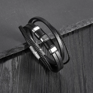 Classic multilayer black leather bracelet with titanium steel beads and a magnetic clasp