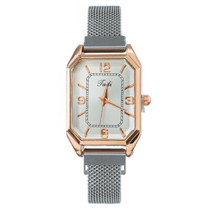 Elegant square rose gold watch for women with mesh band on white background