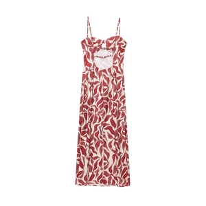 Women's red and white leaf print linen blend midi dress with thin straps and open back