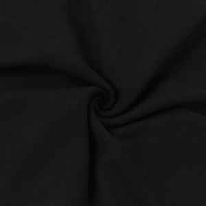 Close-up of black knitted fabric with elegant central pleated texture and soft drape
