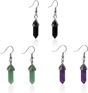 Detailed view of hexagonal crystal point drop earrings in black, green and purple stones