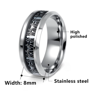 8mm high polished stainless steel spider and web pattern ring for men shown at a 45-degree angle
