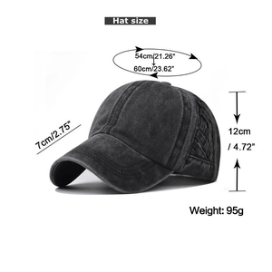 Detailed sizing chart for washed ponytail baseball cap with adjustable 54-60cm strap