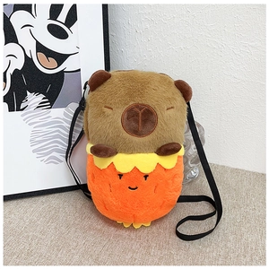 Close-up of fluffy capybara plush bag featuring vibrant orange and brown soft textures