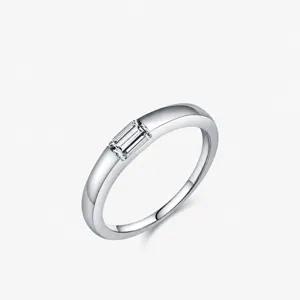 Solitaire Ring 925 Sterling Silver Emerald Cut Rectangular Zircon Minimalist Geometric Style Trendy Jewelry For Women
