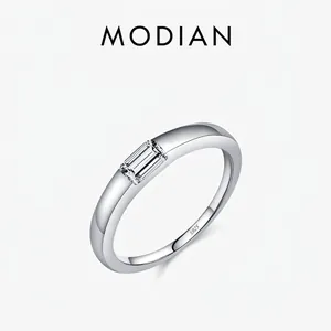 Solitaire Ring 925 Sterling Silver Emerald Cut Rectangular Zircon Minimalist Geometric Style Trendy Jewelry For Women