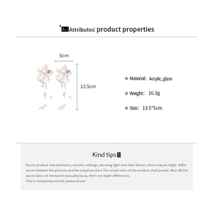 Detailed view of long acrylic flower tassel earrings with measurements and 16.3g weight
