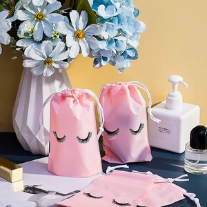 Pink frosted EVA drawstring bag with eyelash print for cosmetics and small gifts
