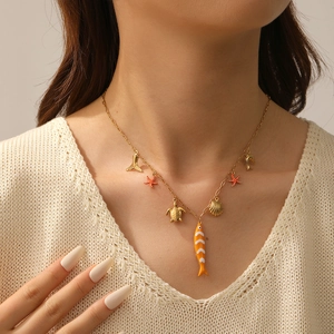 Ocean Theme Multi Pendant Necklace Stainless Steel Enamel Fish Starfish Shell Turtle Beach Summer Fashion Jewelry For Women