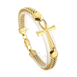 Polished gold woven double-row bracelet featuring a central Ankh cross symbol pendant
