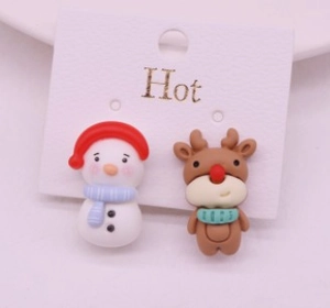 Detail of Christmas resin clip-on earrings featuring cute snowman and reindeer motifs