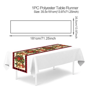 Polyester Christmas table runner 35.5x181cm with red plaid and pine cone patterns