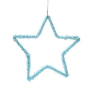 Light blue plush star ornament with soft fur texture and hanging loop for Christmas tree