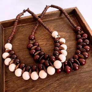 Collana Etnica Vintage Perle Di Legno Guscio Di Cocco Circolare Boho Gioielli Artigianali Per Donna