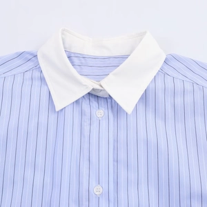 Blue and white striped shirt featuring a white contrast collar and button-down detail