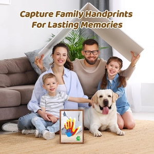 Family handprint DIY kit with dark wood frame for capturing lasting memories with pets