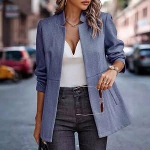 Women's blue herringbone slim fit blazer jacket in premium wool blend fabric