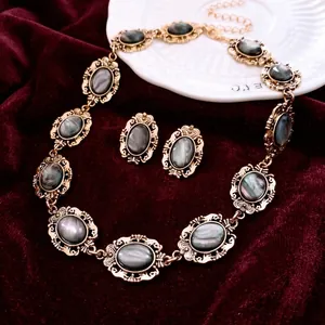 Vintage Necklace And Earrings Oval Resin Inlay Relief Texture Jewelry With Silver Earring Post For Women Retro Palace Style