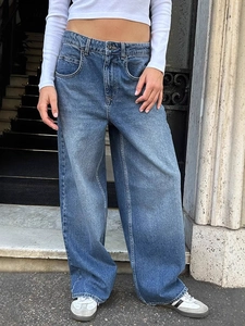Jean Femme Taille Haute Jambe Large Denim Délavé Rétro Pantalon Droit Streetwear Bleu Coton