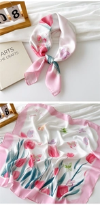 Detail of pink tulip and butterfly print on soft white satin square scarf for women