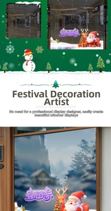 Detail of Christmas static window stickers showing Santa Claus and reindeer on glass