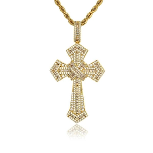 Hip hop gold cross pendant necklace with zircon inlays and twisted chain on white background