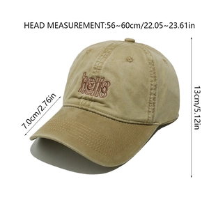 Detail view of khaki baseball cap with hello embroidery and specific size measurements
