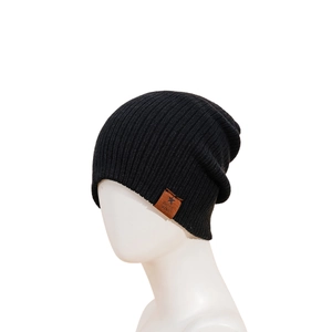 Detail of Super Star faux leather patch on black ribbed knit beanie for women