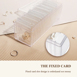 Detail showing acrylic jewelry box with fixed slots and transparent lid for rings and earrings