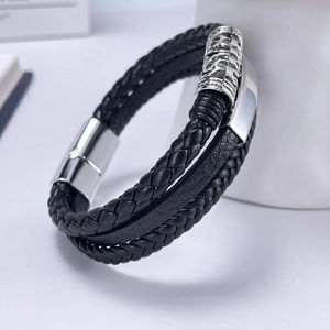 Men's multilayer black braided leather bracelet with engraved silver dragon magnetic clasp