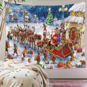 Detail eines Weihnachts-Wandteppichs mit Weihnachtsmann-Schlitten im Schlafzimmer