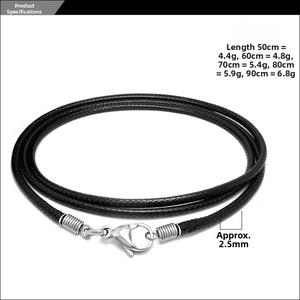 Detail of 2.5mm black braided linen cord necklace with silver lobster clasp and size chart