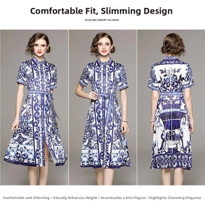 Three-way view of a blue and white floral dress with lapels, short sleeves and a belt