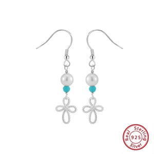 Vintage 925 sterling silver drop earrings with white pearls and blue turquoise beads