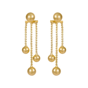 Golden tiered metal ball tassel drop earrings featuring twisted chain fringe design