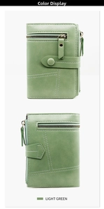 Front and back view of light green PU leather short wallet with zipper and snap buckle
