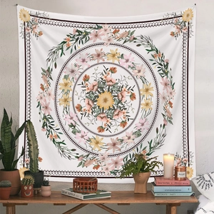 Detail of bohemian mandala tapestry with floral patterns hanging over a wooden bench