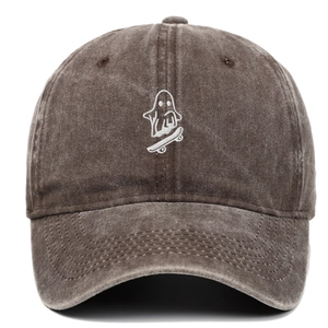 Vintage washed charcoal cotton baseball cap featuring ghost skateboarding white embroidery
