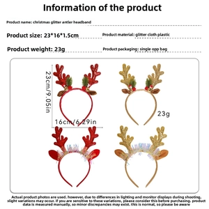 Detail showing glitter Christmas antler headbands with festive bells and green leaf accents