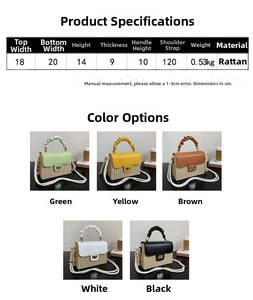 Size chart and five color options for this handmade straw crossbody box bag