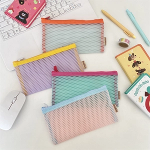 Large Capacity Mesh Pencil Case Contrast Color Nylon Mesh Stationery Storage Pouch For Student School Office Desktop