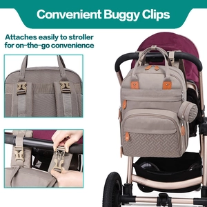Close-up of durable stroller hooks attached to a gray waterproof multi-functional diaper bag