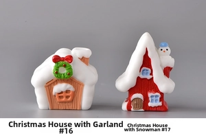 Miniature resin Christmas snow house figurines with festive wreaths and tiny snowmen