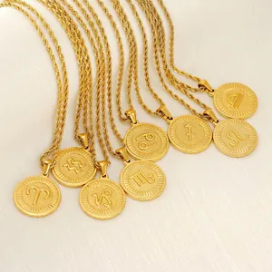 Zodiac Pendant Necklace 18K Gold Plated Stainless Steel Round Coin Embossed Constellation Rope Chain Jewelry Women Men