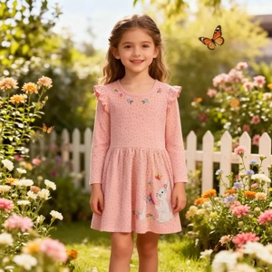 Girls Long Sleeve Dress Cotton Polka Dot Rabbit Butterfly Embroidery Ruffle Shoulder Sweet Princess Kids
