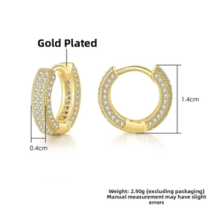 Detailed view of gold plated hoop earrings featuring three rows of micro zircon stones