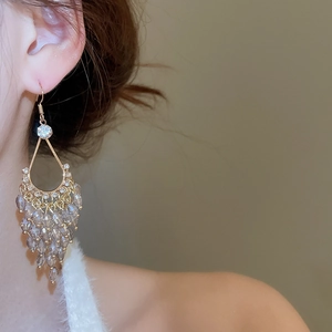 Close-up of golden teardrop tassel earrings with gray crystal beads on a model