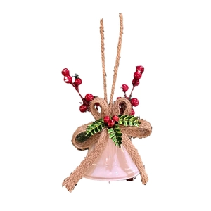 Christmas pink bell ornament with burlap bow and red berries for tree hanging decor