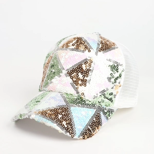 Breathable mesh baseball cap with colorful geometric sequins and adjustable strap