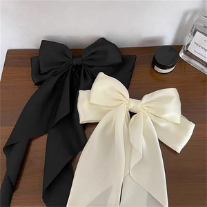 Large Satin Bow Hair Clip With Long Ribbon Streamer Elegant Satin Headwear For Women Wedding Party Bridal